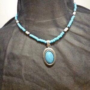 NECKLACE, TURQUOISE SOUTHWEST PENDANT ON BEADED CHAIN